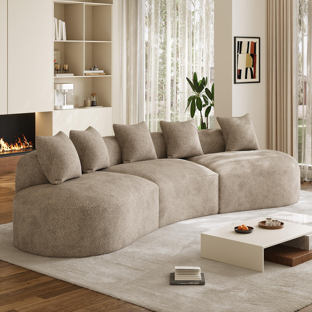 ONEMMLION 134" Modern Curved Sectional Sofas for Living Room, Brown