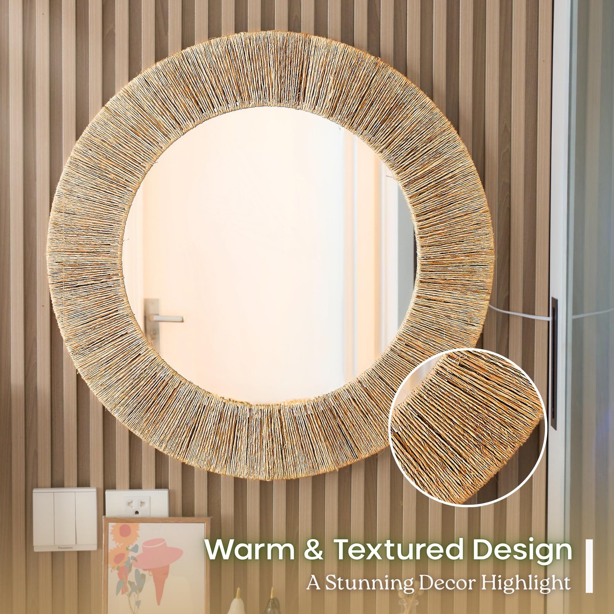24-Inch Round Jute Wall Mirror with Metal Frame
