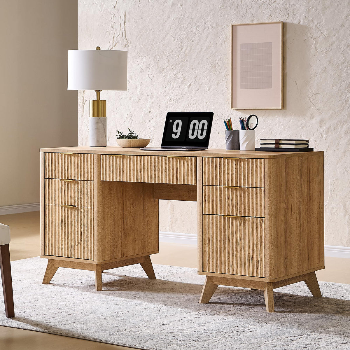 T4TREAM 60" Modern Fluted Executive Desk with Drawers, Natural Oak