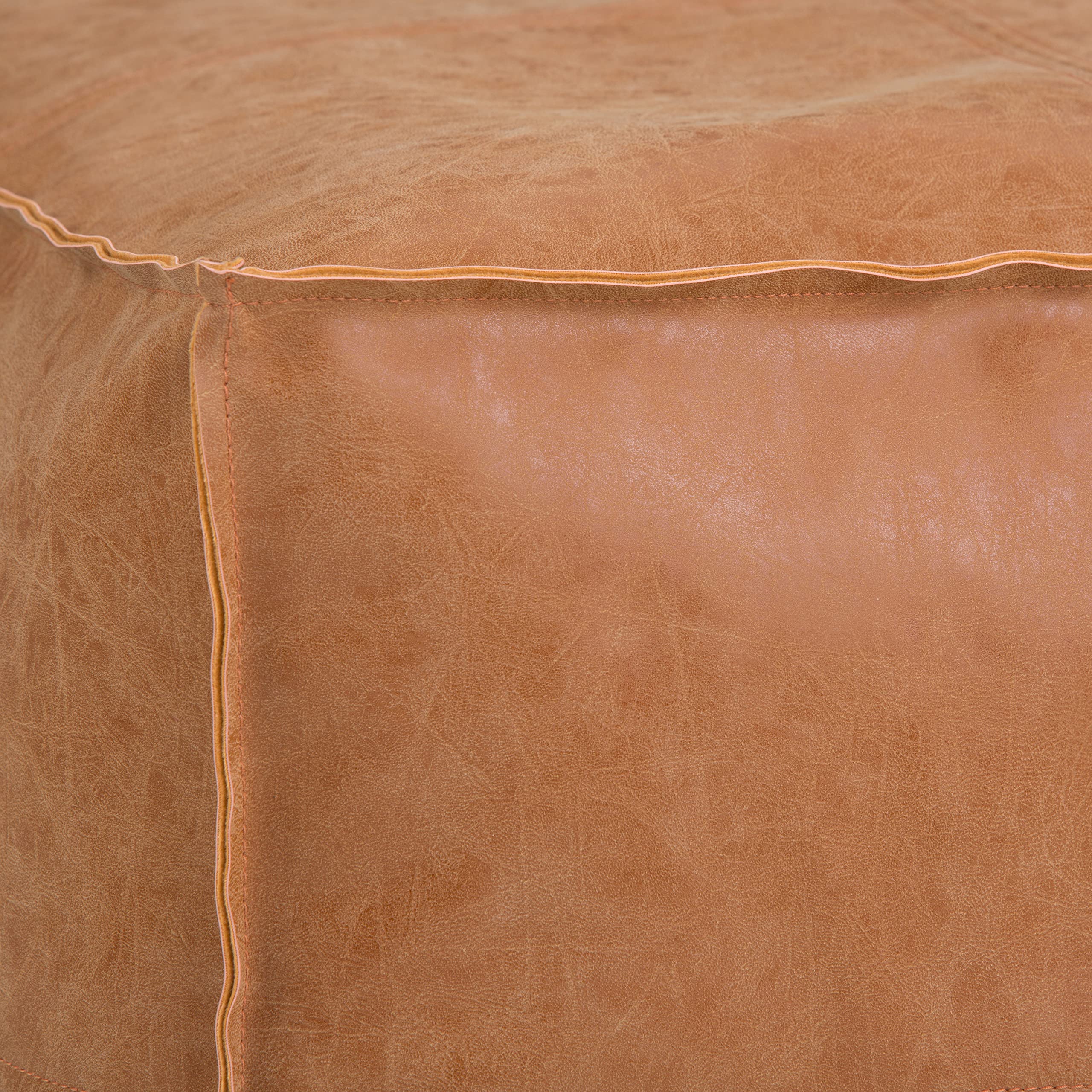 SIMPLIHOME Brody Square Pouf - 18" Wide x 14" High Upholstered Vegan Leather Ottoman in Distressed Brown, Boho Footstool, Coffee Table or Extra Seating for Living Room or Bedroom, Assembled