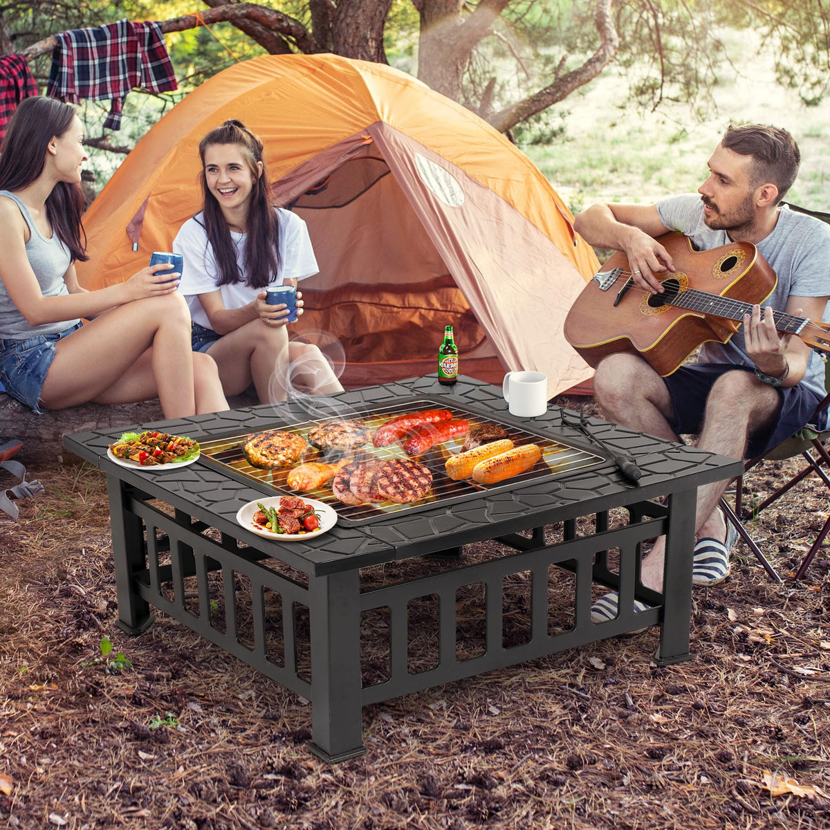 32 Inch Outdoor Fire Pit with Spark Screen Lid and Waterproof Cover, Square Metal Firepit Backyard Patio BBQ Garden Stove Fireplace for Camping Trip, Outside Wood Burning and Picnic