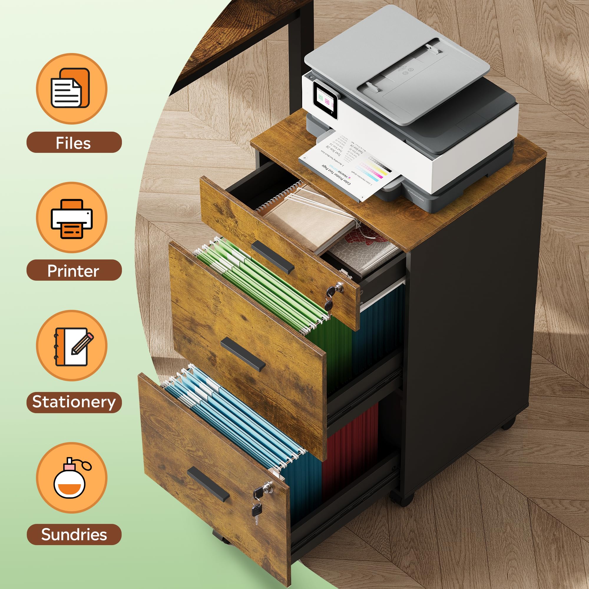 3-Drawer Rolling File Cabinet with Lock