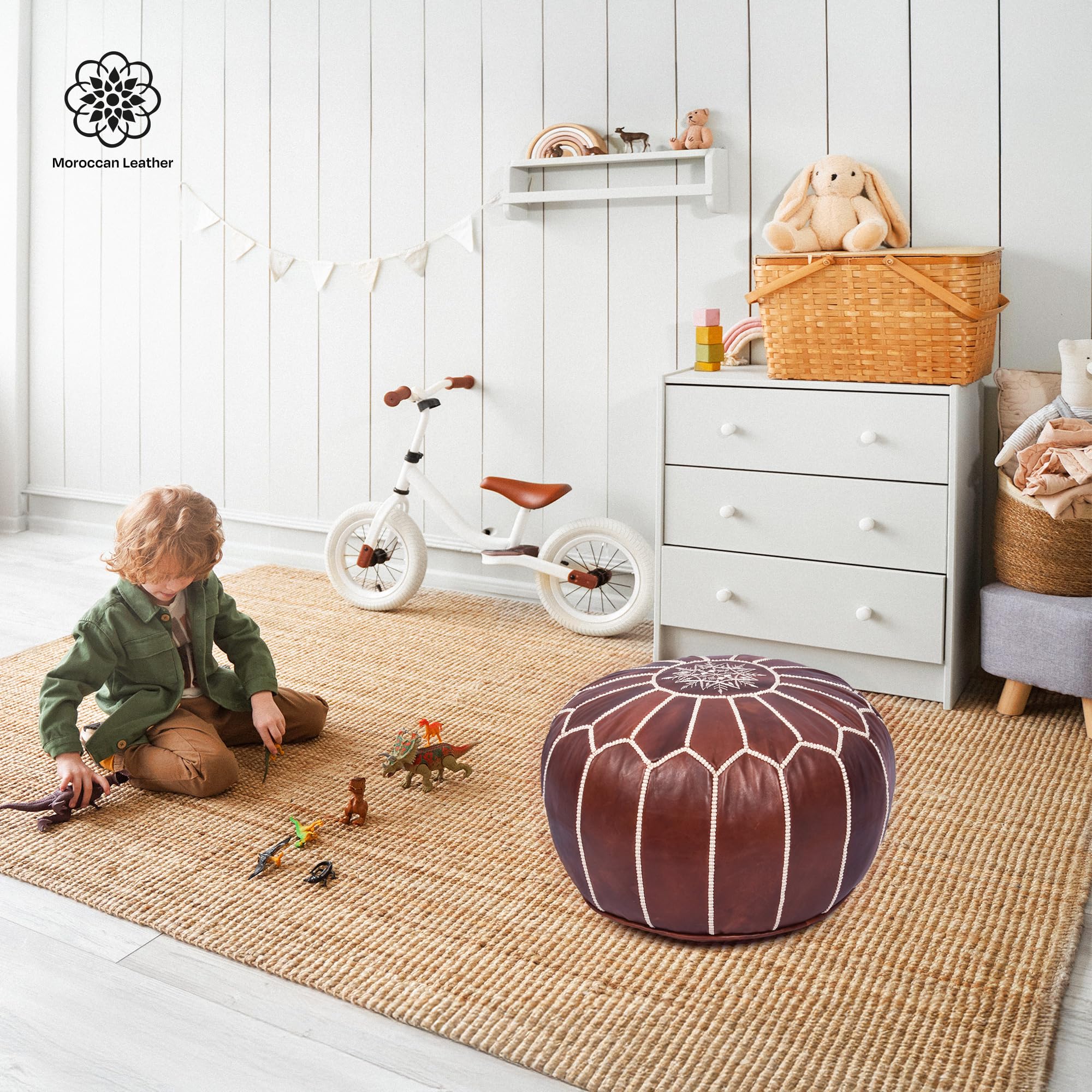 Moroccan Leather Handmade Pouf Ottoman Cover, Unstuffed Foot Stool, Round Boho Footrest for Living Room, Bedroom, Home Decor Gift (Dark Brown)