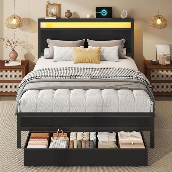 Metal Platform Bed Frame with Storage Drawers, LED Lights & Charging Station