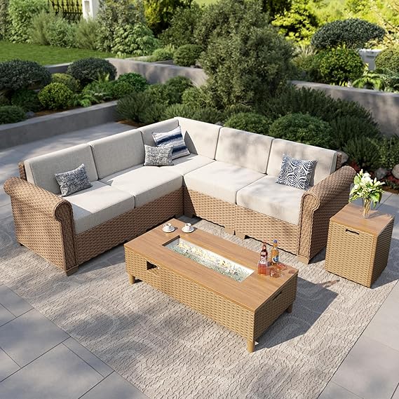 Modular Sectional Outdoor Sofa Set with Fire Pit Table & Waterproof Cushions