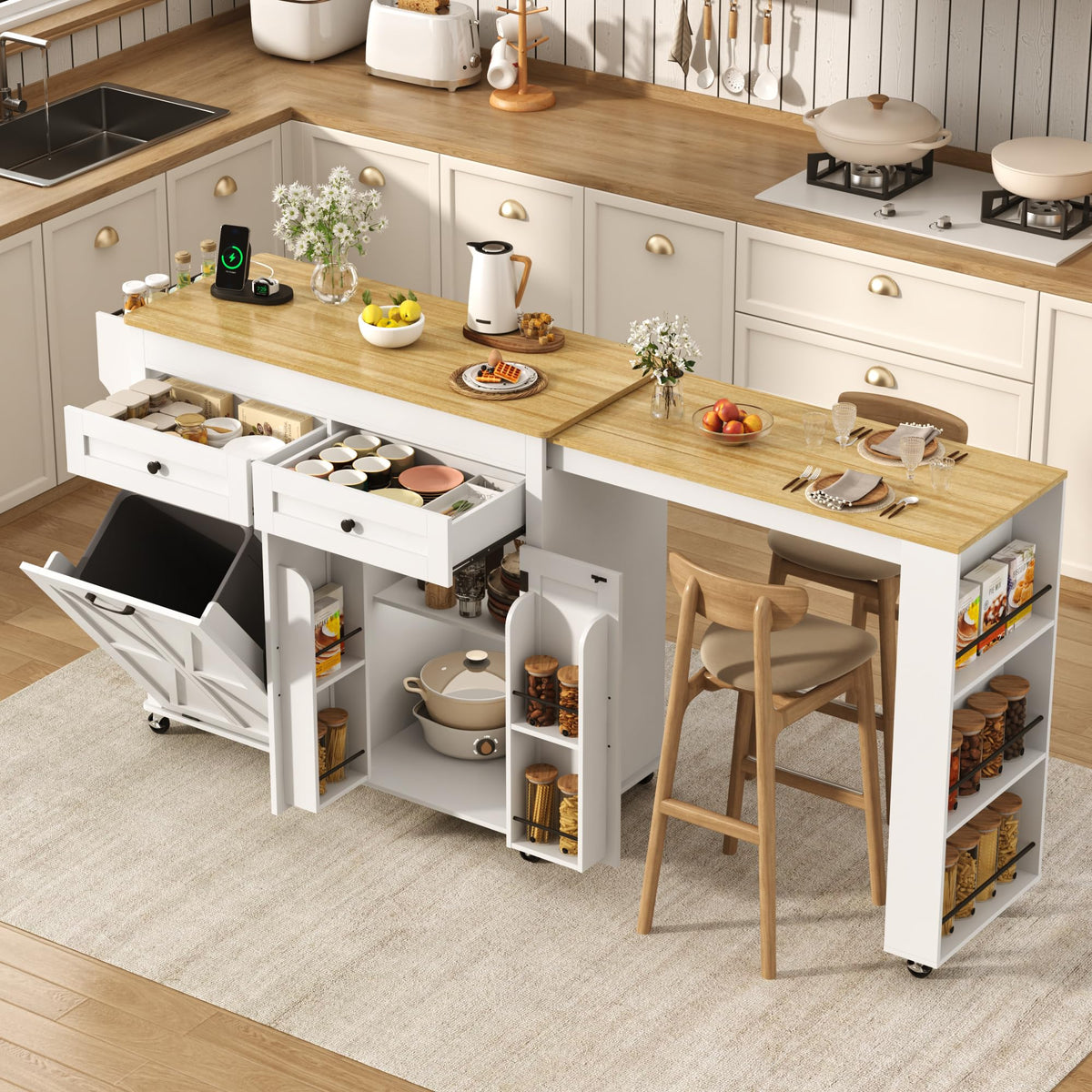 81.6"-51" Extendable Rolling Kitchen Island with Extended Dining Table & Power Outlet, Mobile Kitchen Storage Islands with Trash Cabinet, Large Islands Cart with Storage and 2 Seatings, White