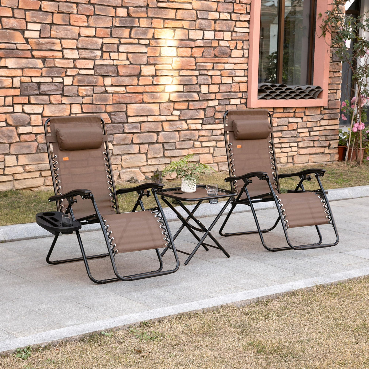 Outsunny Zero Gravity Chair Set with Side Table, Cupholders, Brown