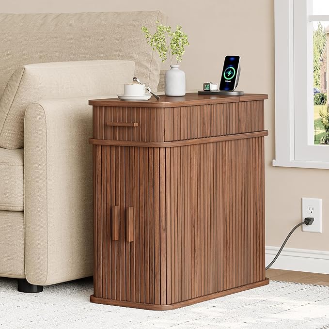 Fluted End Table with Charging Station & Storage