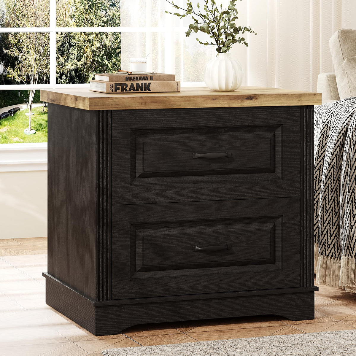 24" Wide Farmhouse Nightstand, Large End Table with 2 Drawers, Black