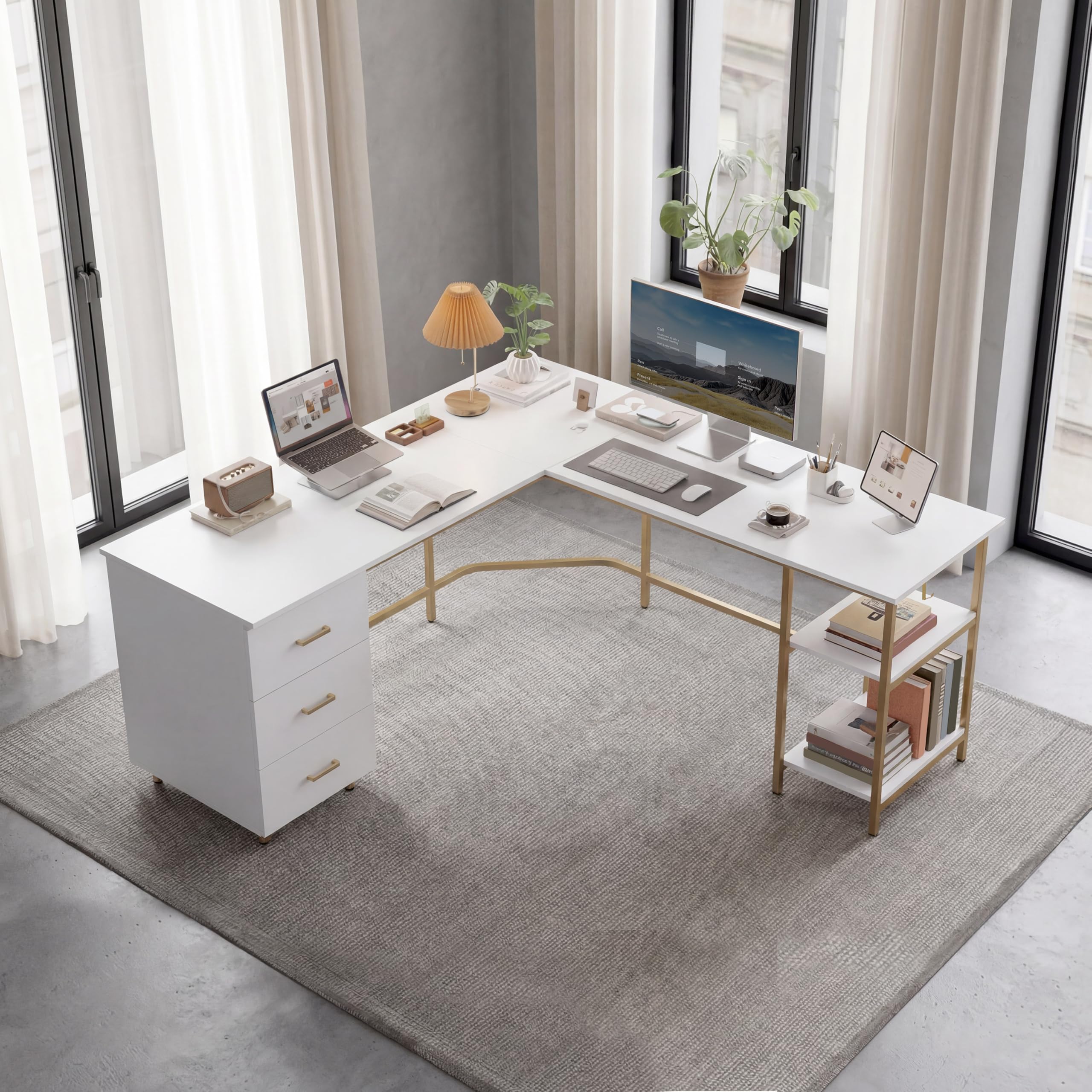 L-Shaped Computer Desk with Drawers & Storage Shelves