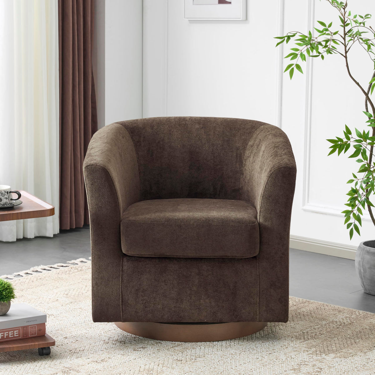 Brown Velvet Swivel Barrel Chair
