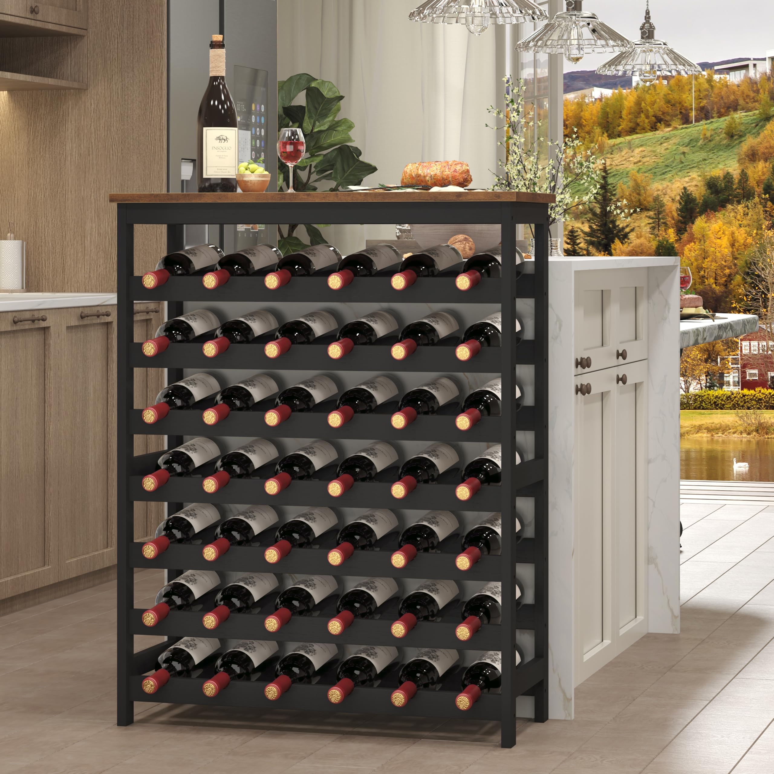 Cabonpanel 42 Bottles Bamboo Wine Rack Freestanding Floor, 7-Tier Wine Storage Shelf with Table Top, Wine Display Holder for Kitchen Pantry Bar Cellar, Rustic Brown and Black