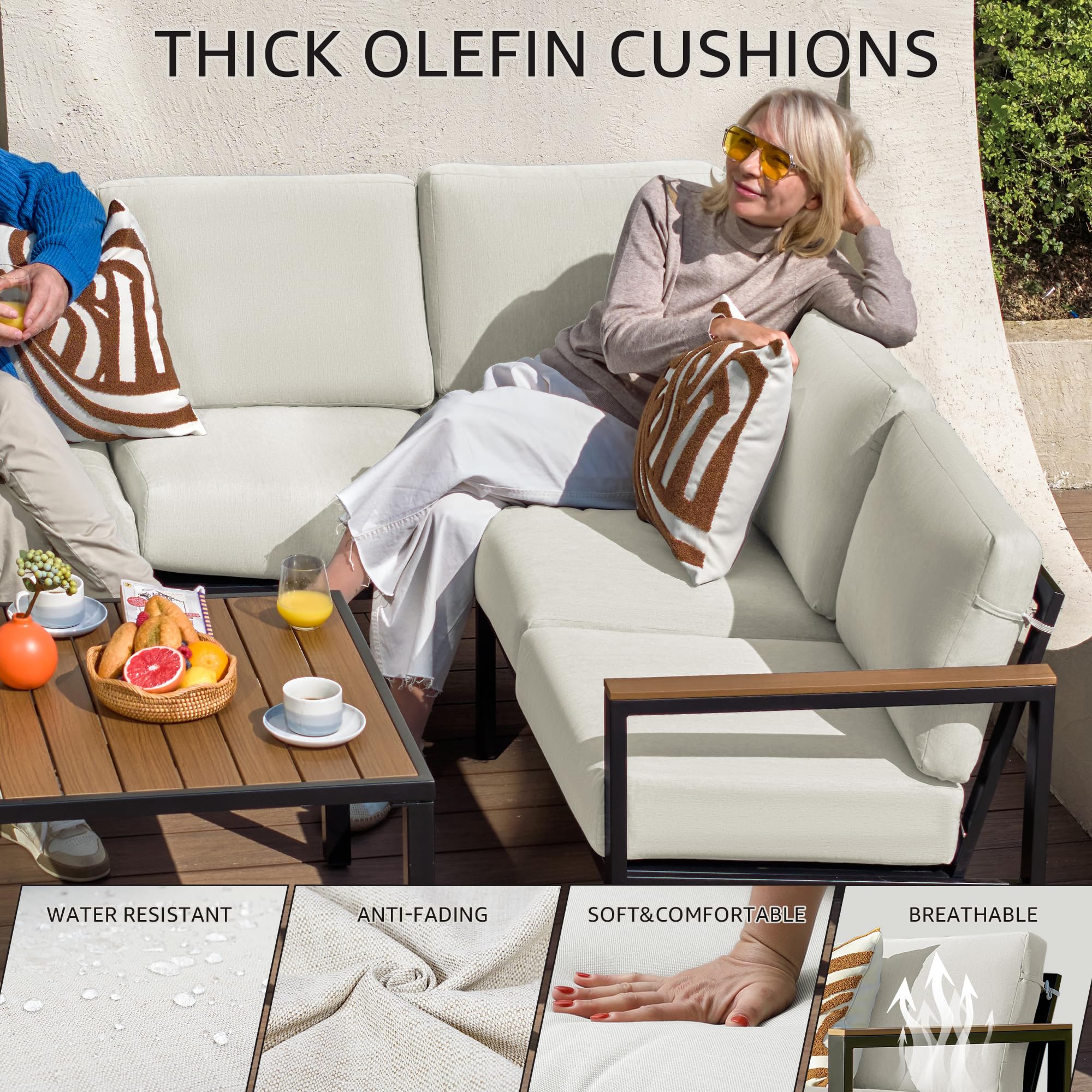 6-Piece L-Shaped Patio Sectional Set with Faux Wood Armrests & Cushions