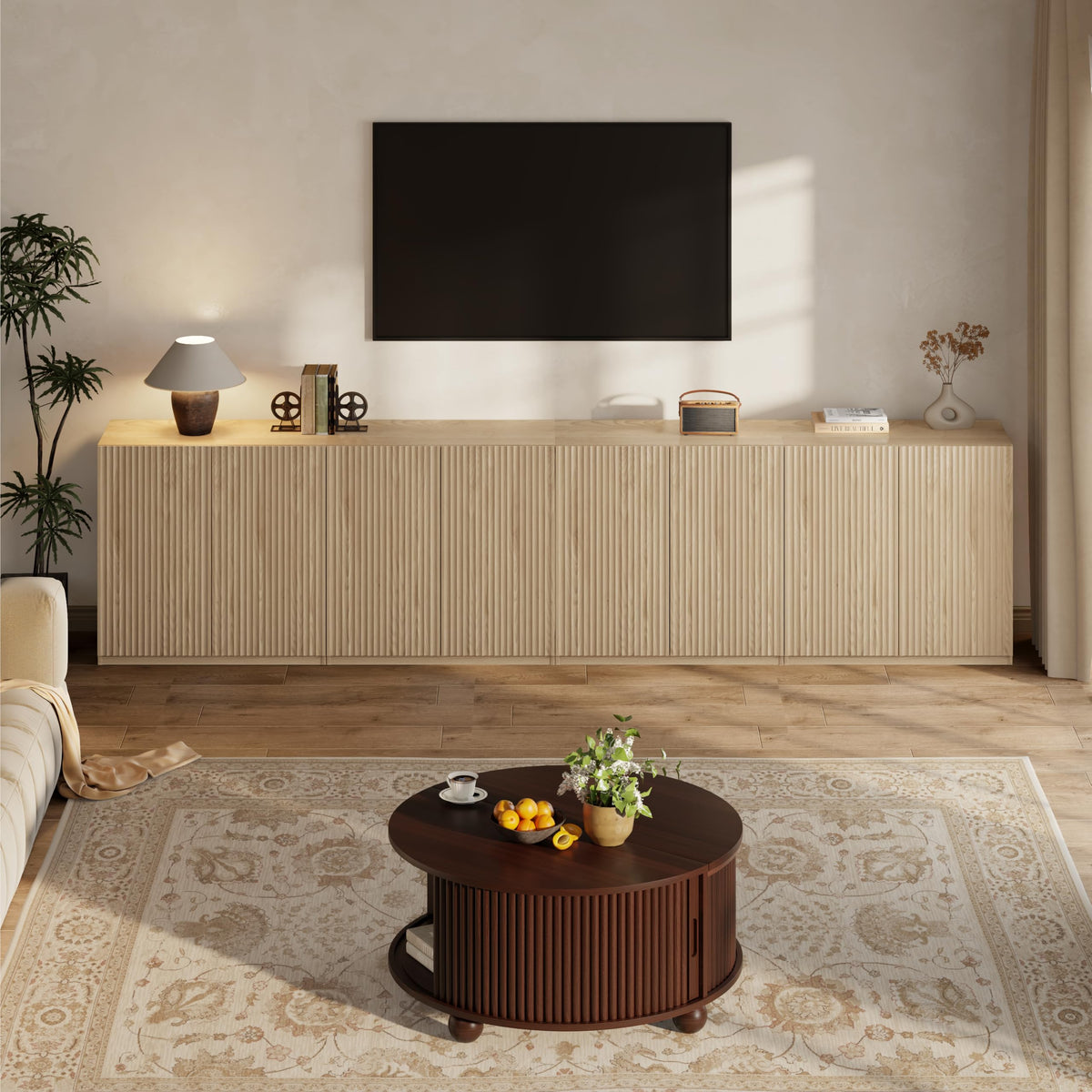 AmzHomes 126" TV Stand Modular Fluted Cabinets up to 125" for Livingroom