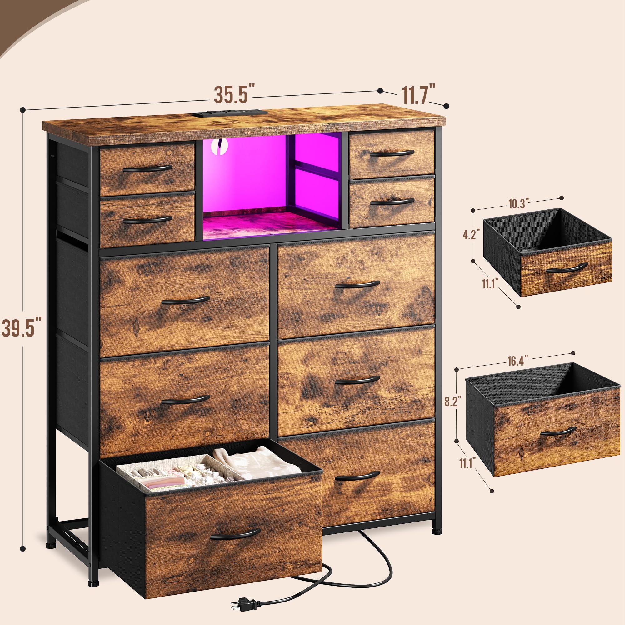 Romorgniz Dresser for Bedroom with 10 Drawers Featuring LED Light and Power Outlet, Fabric Dressers & Chest of Drawers with Open Shelves for Hallway, Living Room, Steel Frame,Wood Top, Rustic Brown
