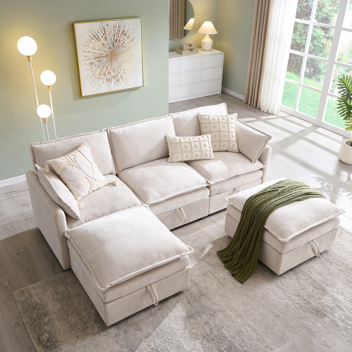 ALLTUFO Chenille Upholstered Rectangle Ottoman for Modular Sectional Cloud Couch, Foot Stool, Faux Wood Feet, Durable Frame, Modular Sectional Couch Add Ons for Living Room, Bedroom, Beige