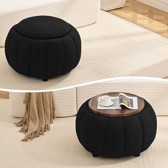 Beige Round Storage Ottoman