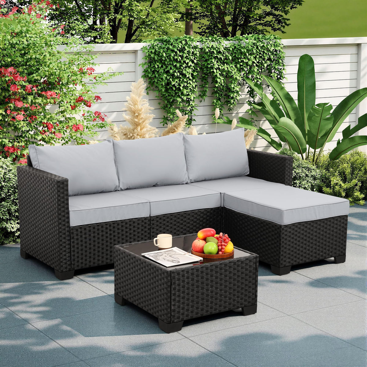 Rattaner 3 Pieces Patio Furniture Set Outdoor Sectional Wicker Patio Furniture Patio Couch with Ottoman and Outdoor Table All-Weather Anti-Slip Cushions Waterproof Covers, Light Grey