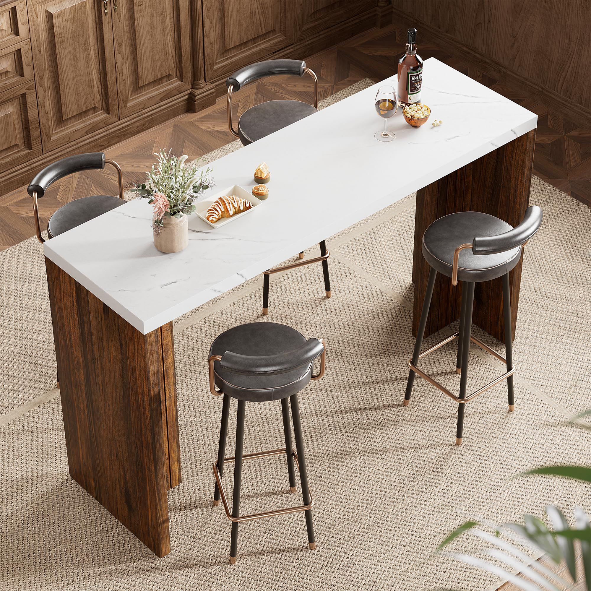 Bar Table for 4-6 People - 55” Long Counter Height Pub with Extra Thickened Tabletop, Modern Rectangular Home Bar Coffee Unit for Kitchen, Dining Room, Balcony, Living Room, Basement, White+Walnut