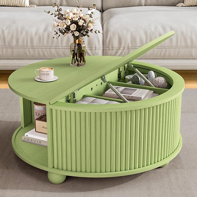 Fluted Round Coffee Table with Sliding Storage
