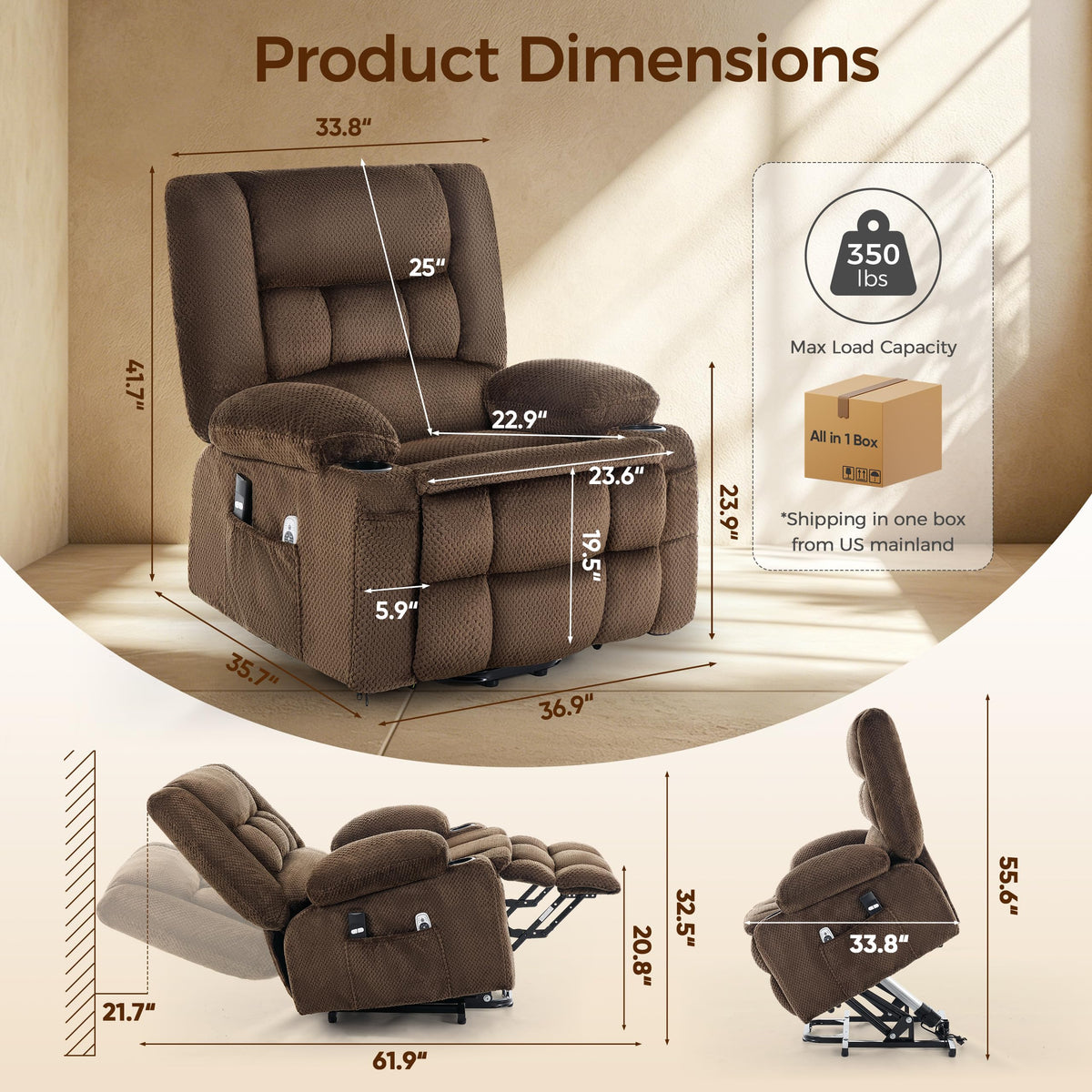 Power Lift Recliner Chair for Elderly, Electric Reclining Lift Chair with Massage and Heating, Comfy Overstuffed Recliner Single Sofa with Cup Holders, Pockets, USB Charge Port for Living Room,Brown