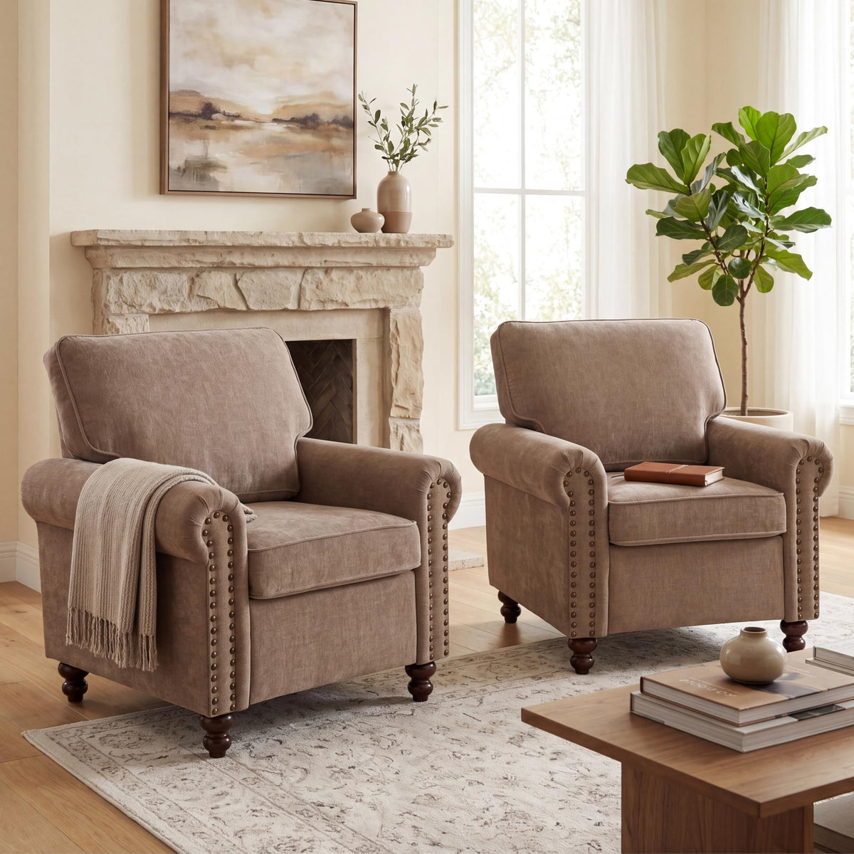 Brown Chenille Nailhead Accent Chair