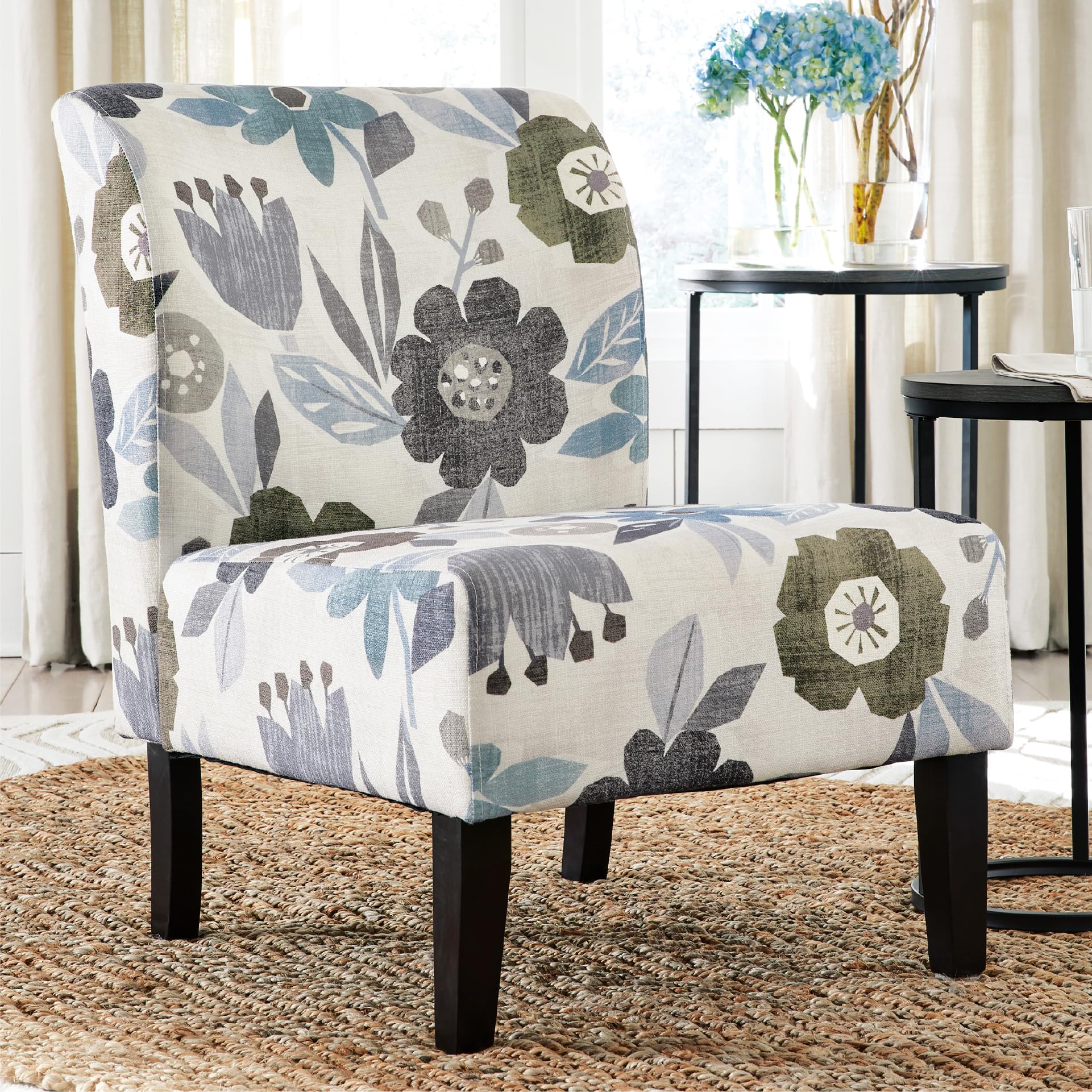 Floral Armless Accent Chair – White, Blue & Gray