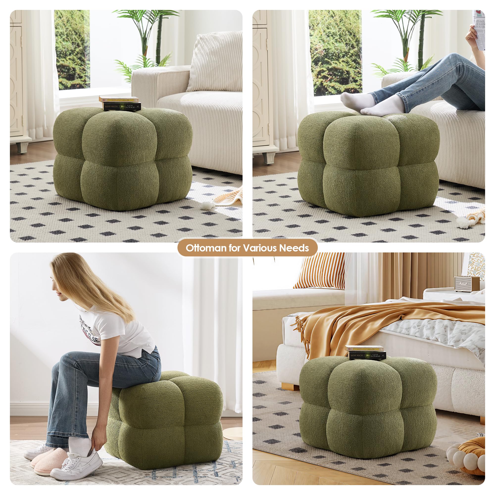 ONEVOG Olive Green‌ Modern Ottoman, 21" Square Fuzzy Couch Sherpa Pouf Ottoman, Tufted Cute Boucle Fabric Foot Stools, Upholsered Footrest & Coffee Table & Vanity Chair for Living Room Bedroom, Dorm