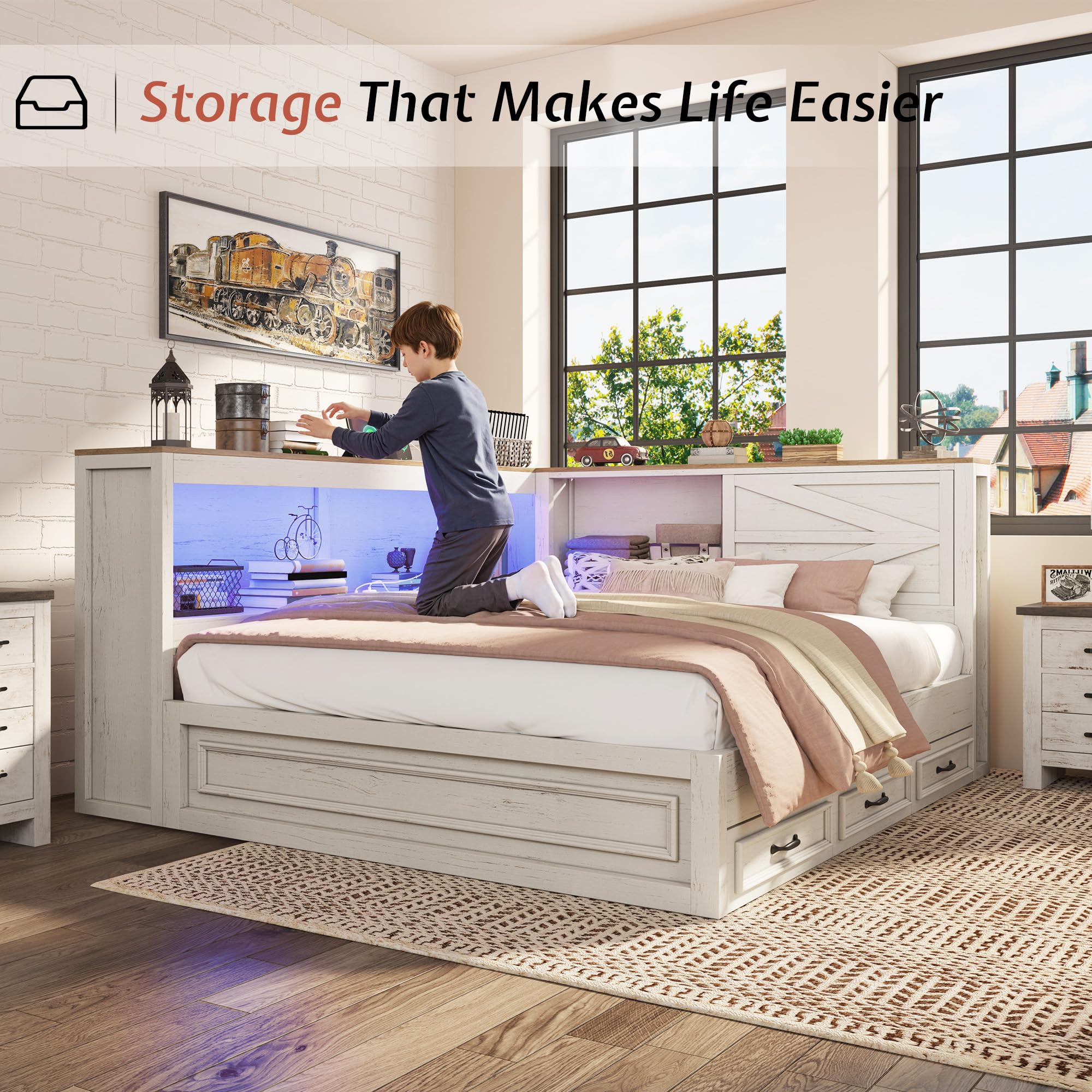 Jocisland Full Corner Bed Frame with Storage Drawers and Bookcase Headboard, Charging Station and Led Lights, Farmhouse Wood Daybed for Kids Teens, No Box Spring Needed, White