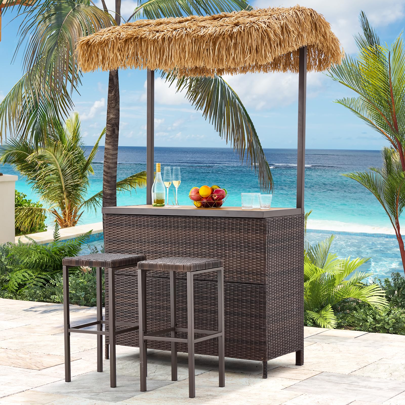 HOMREST Outdoor Tiki Bar Set, 3 Pieces Wicker Patio Bar Set w/2 Height Stools, Storage Shelf, Canopy, Plastic Wood Tabletop for Backyard Poolside Garden, Brown