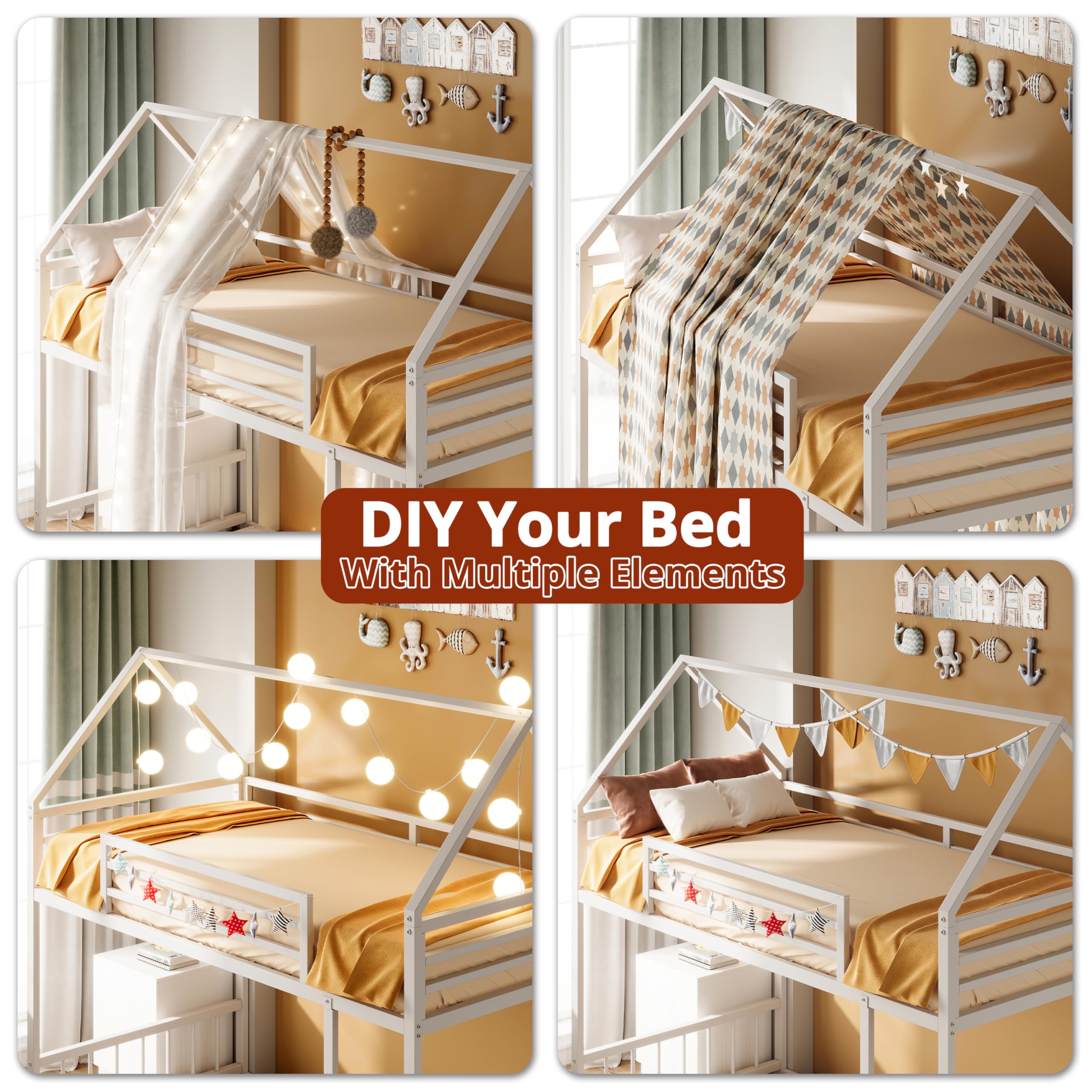 Twin Over Twin House Bunk Bed with Ladder & Guardrail