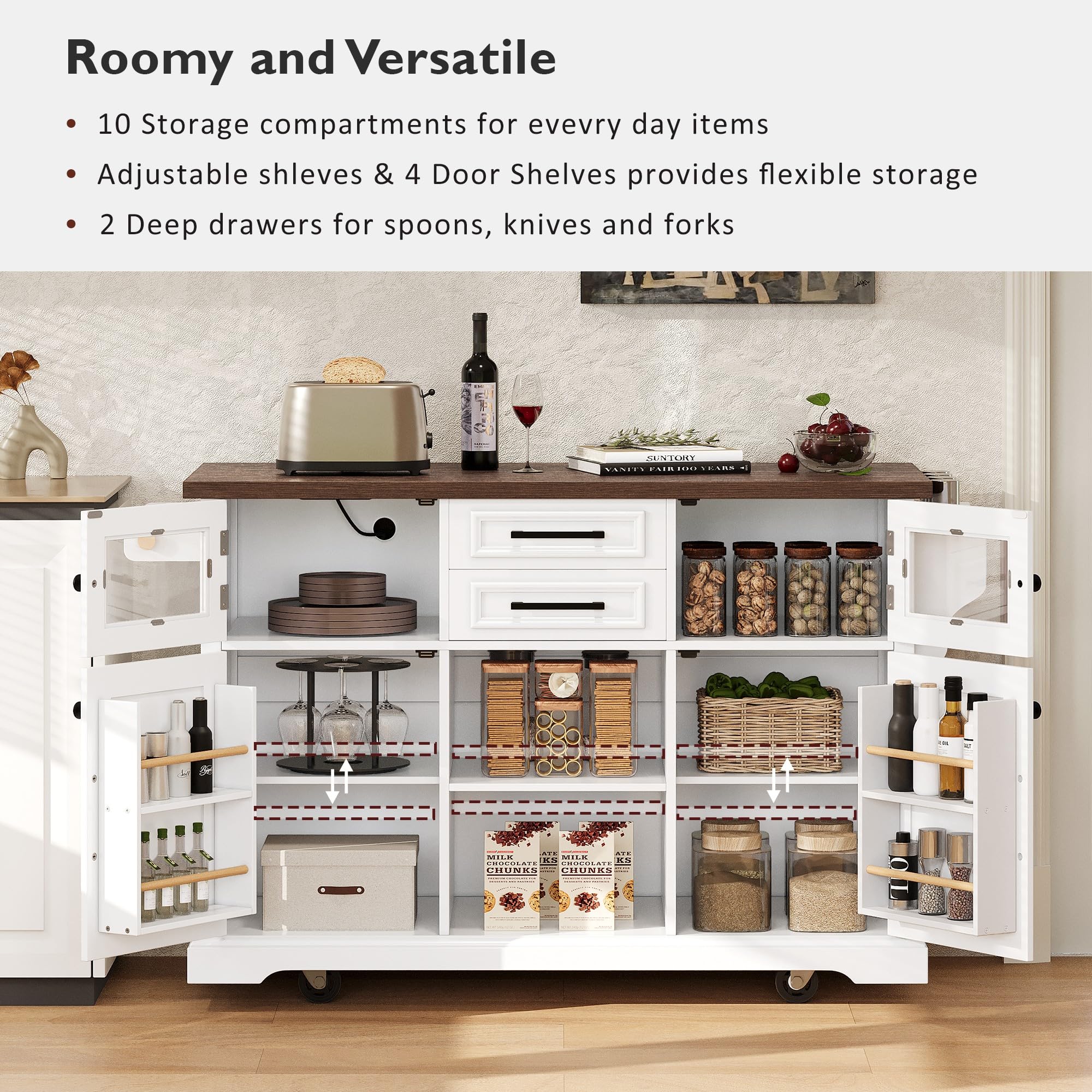 PurityVow 54.9" Rolling Kitchen Island with Drop Leaf, Power Outlet, Kitchen Storage Cart with 4 Door Shelves, Cross Barn Doors & Visual Glass Door, Kitchen Island Table On Wheels for Kitchen (White)