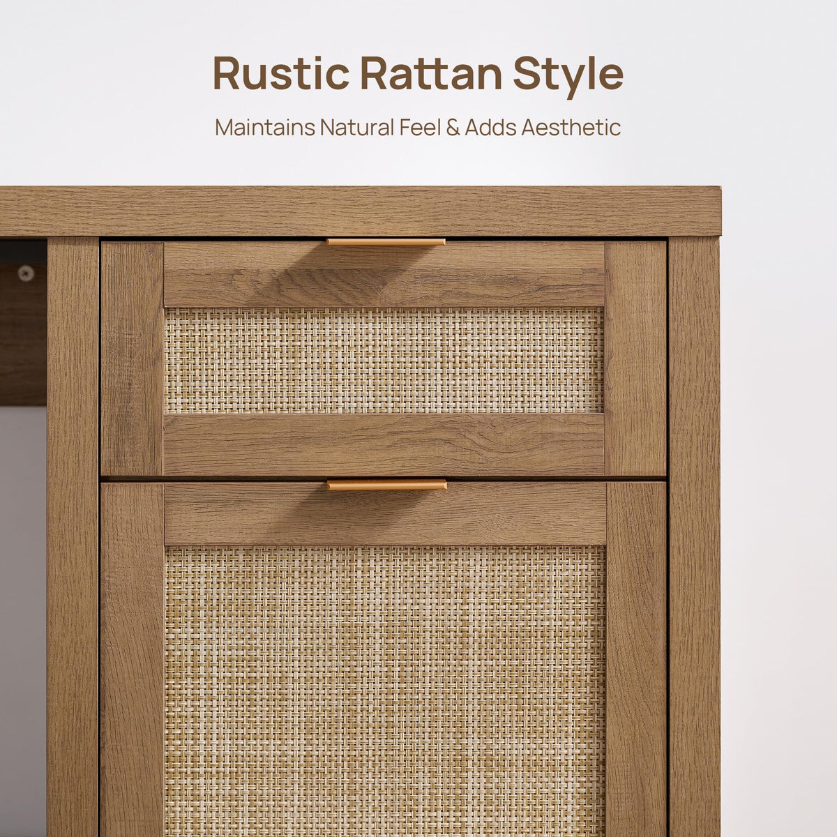SICOTAS Rattan Computer Desk Wood Desk with Drawer, 59" Home Office Desk