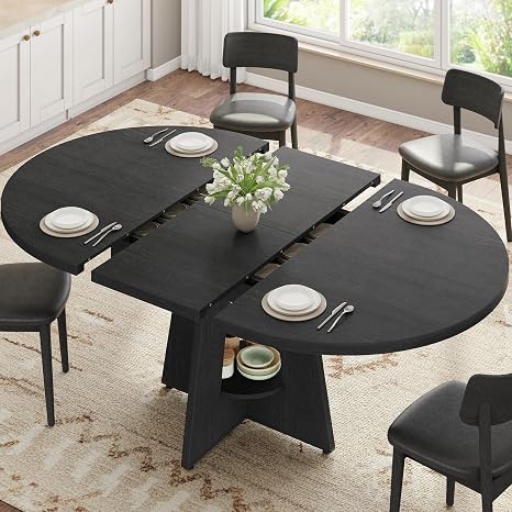 Extendable Round Dining Table with Storage Shelf