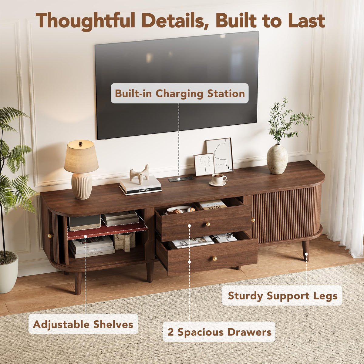70" Mid-Century Fluted TV Stand with Storage up to 80 Inch, Walnut
