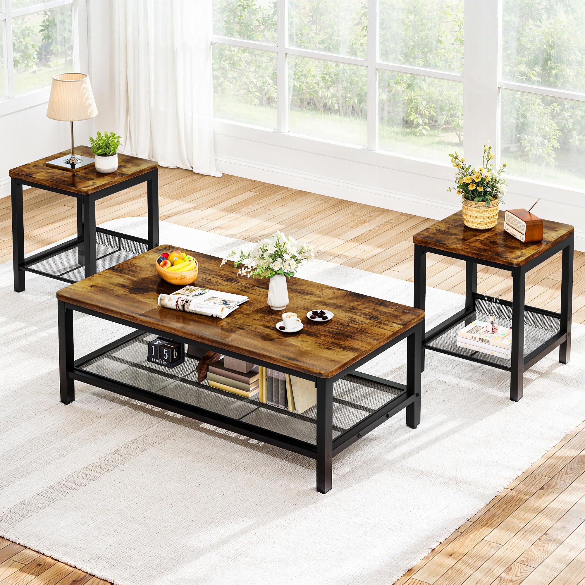 3-Piece Industrial Coffee Table Set with 2 End Tables