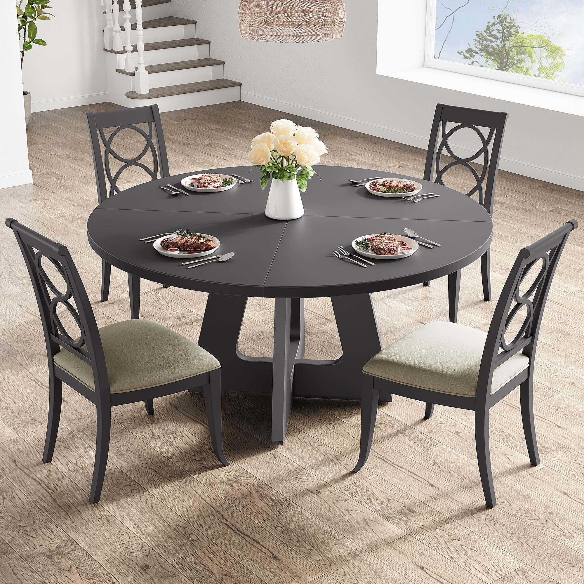 GarveeHome 47 in Round Large Dining Table Set for 4 to 6, Farmhouse Dinner Table with Wooden Top and Legs for Home Dining Room or Living Room - Grey(No Chairs)