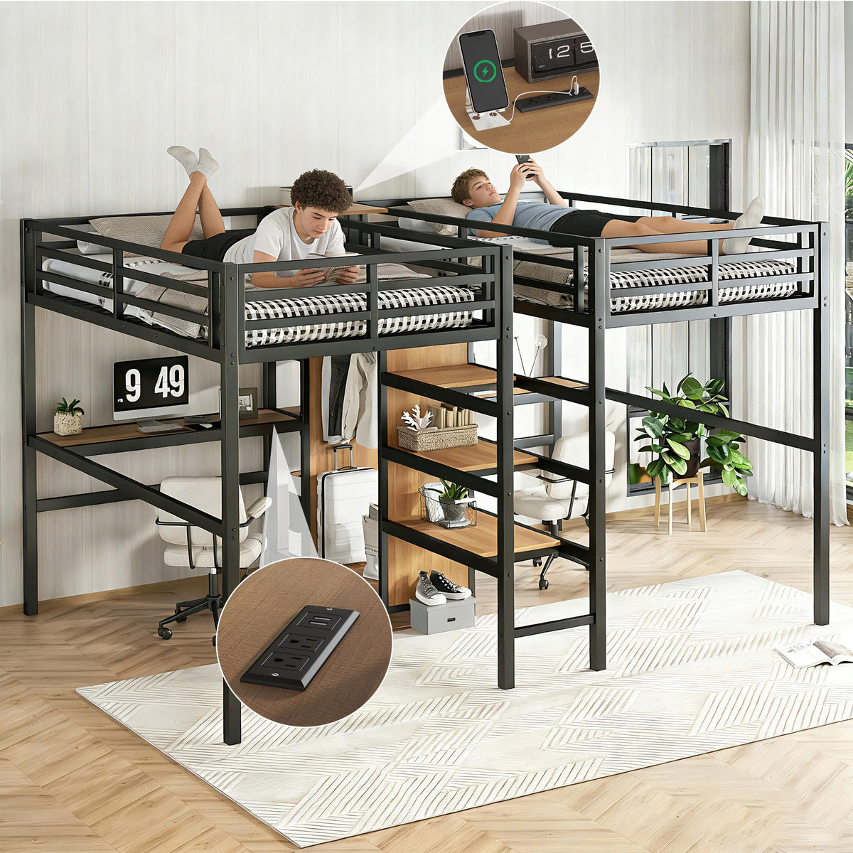 Twin Double Loft Bed with Desk and Wardrobe