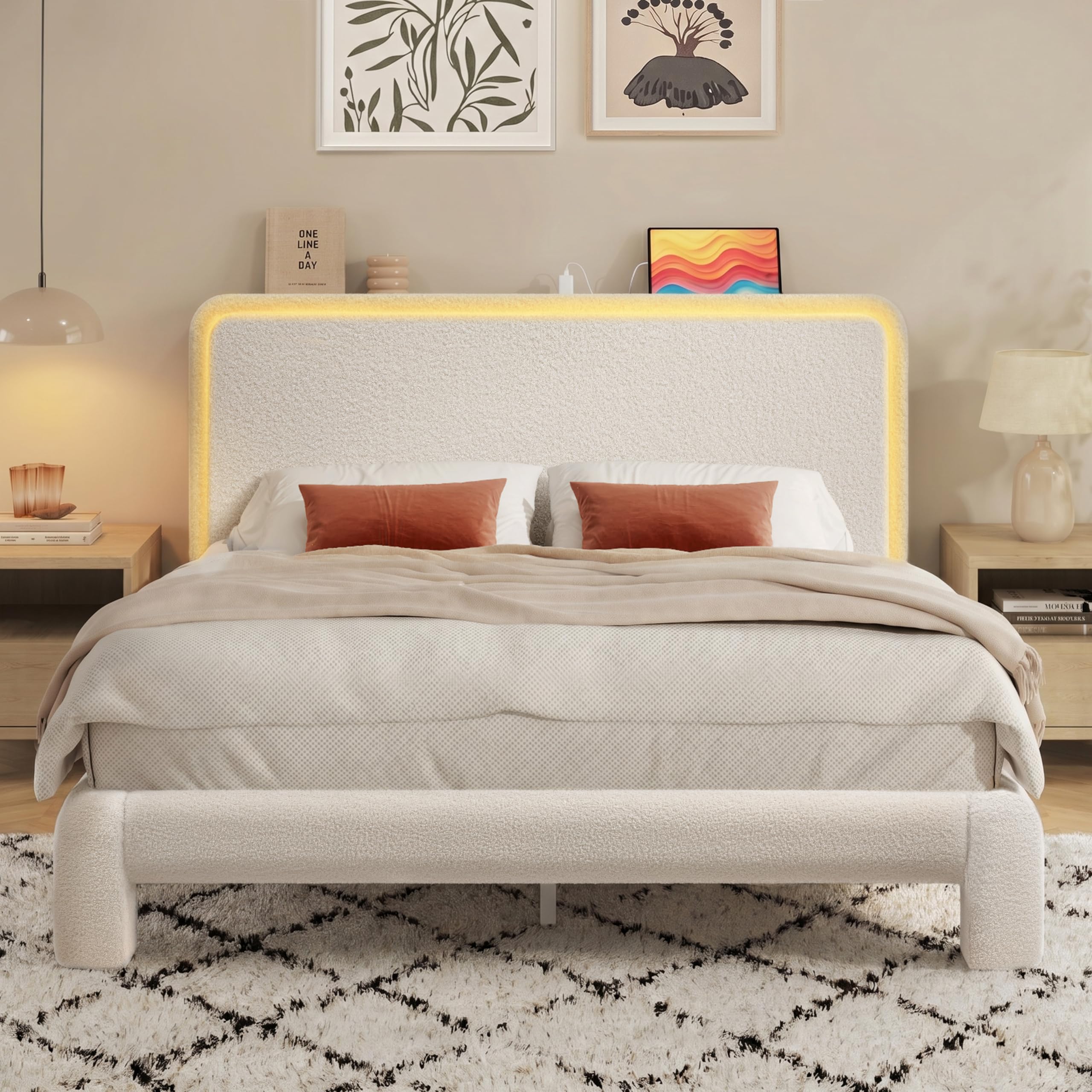 Lifezone Queen Upholstered Bed Frame, Sturdy Noise-Free Metal Support, Boucle Cloud Headboard with Charging Station & LED Lights, No Box Spring Needed, Beige