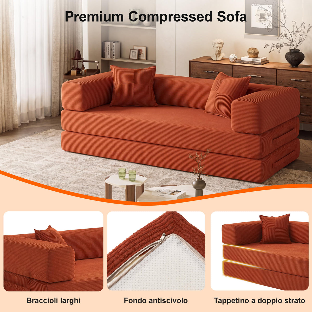 Vipbear 63" Convertible Futon Sofa Bed, 5-in-1 Boneless Couch with 2Pillows