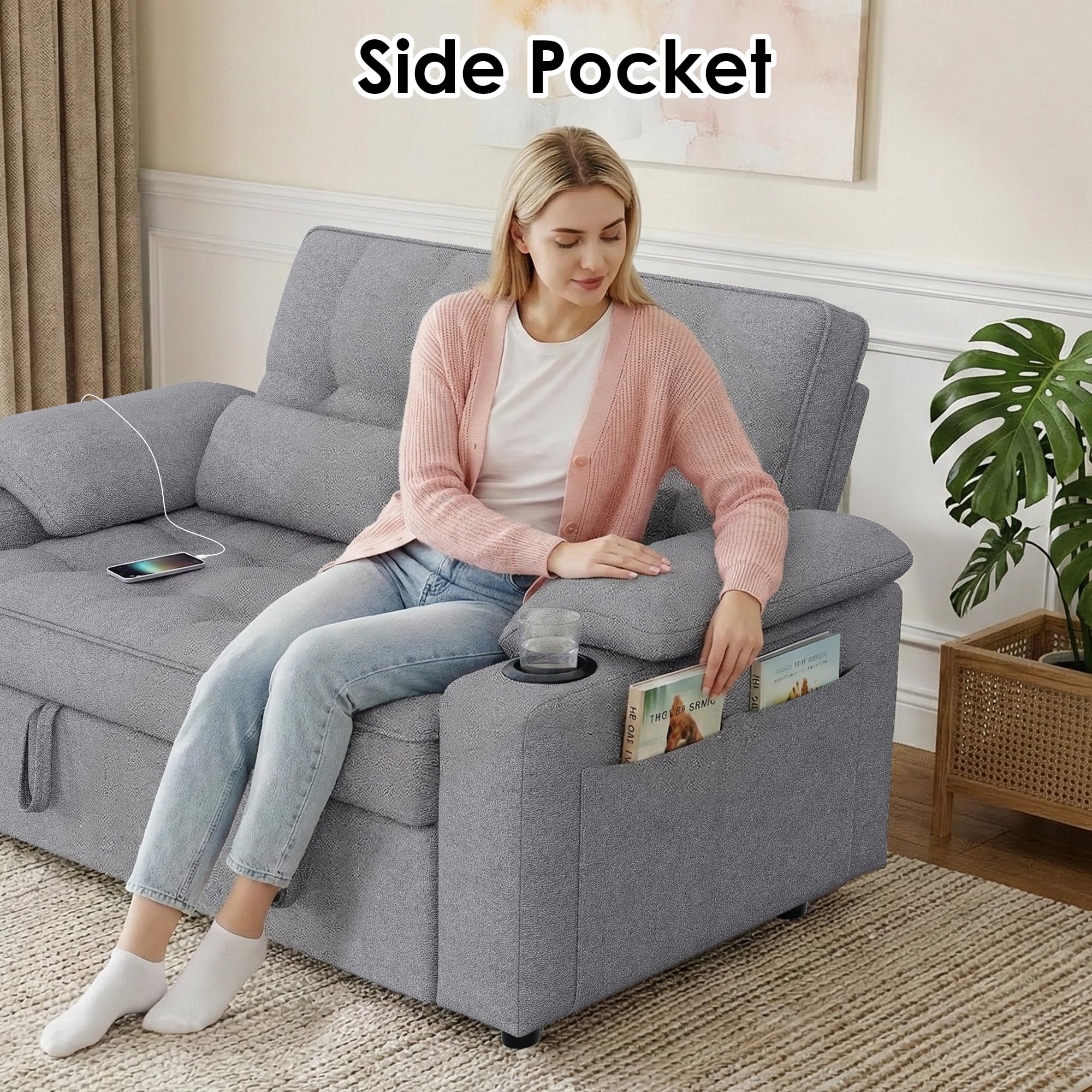 58" Convertible Loveseat Sofa Bed with USB Charger & Cup Holders