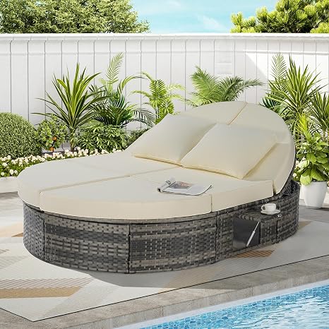 Outdoor Rattan Daybed with Adjustable Backrest & Cushions