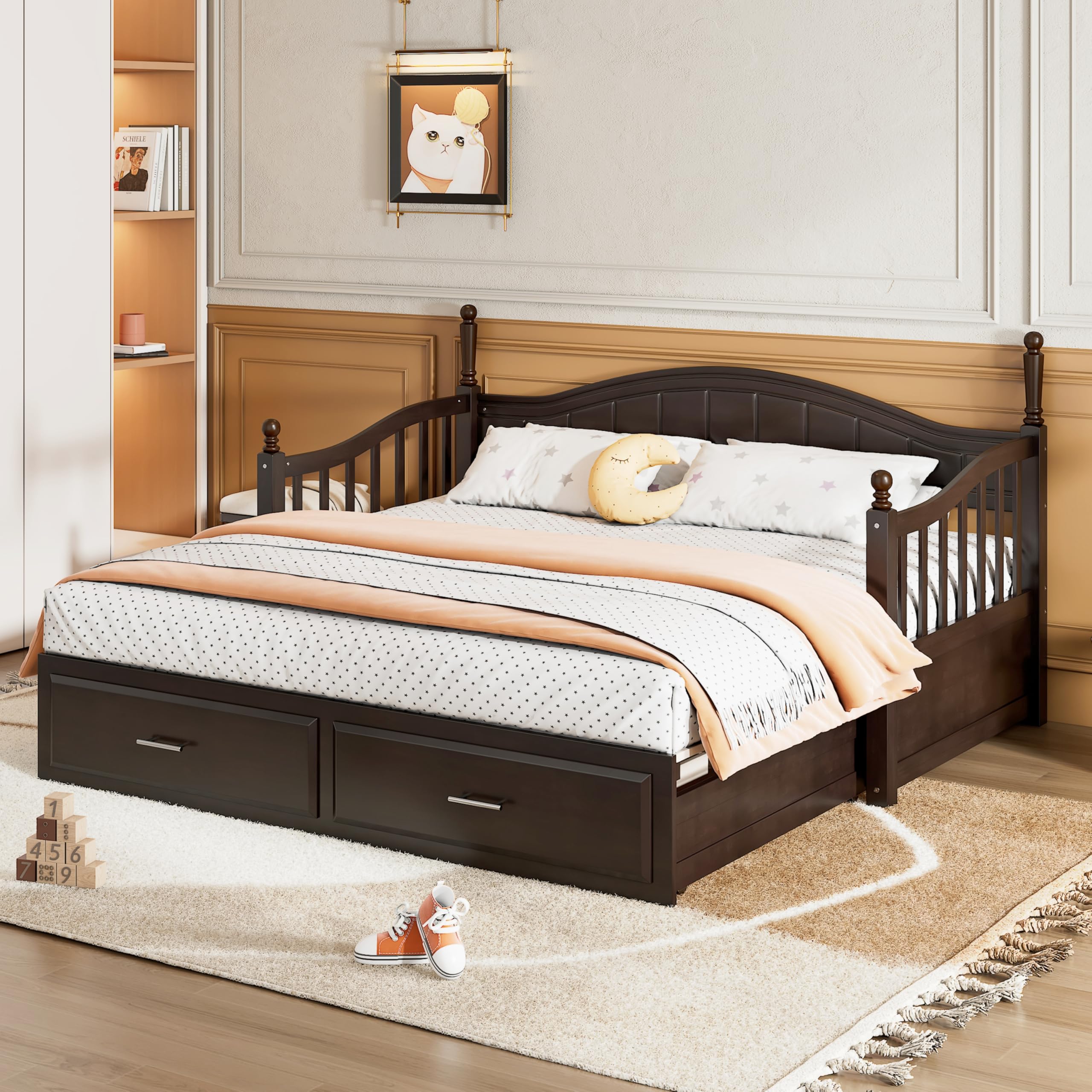 Merax Modern Wood Daybed with Pop Up Trundle Twin to King Extendable Sofa Bed Frame for Kids Teens Adults/No Box Spring Needed Espresso