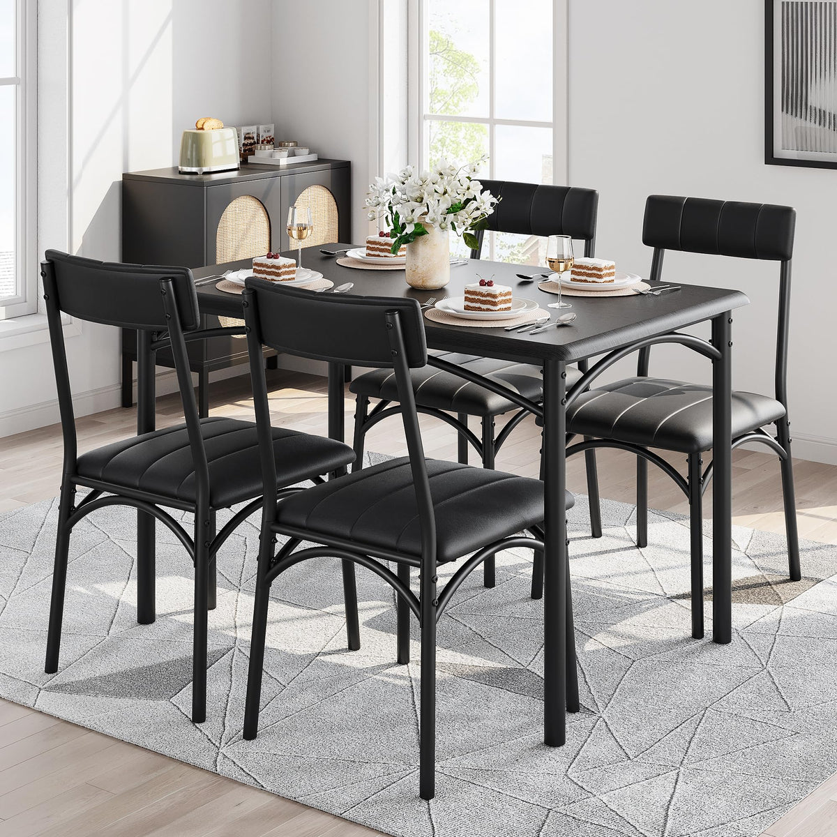Takywep Farmhouse Dining Table Set for 4, Compact 5-Piece Wooden Kitchen Table with 4 Padded Chairs, Small Rectangular Table and Chairs Set of 4, Ideal for Apartments and Small Living Spaces, Black
