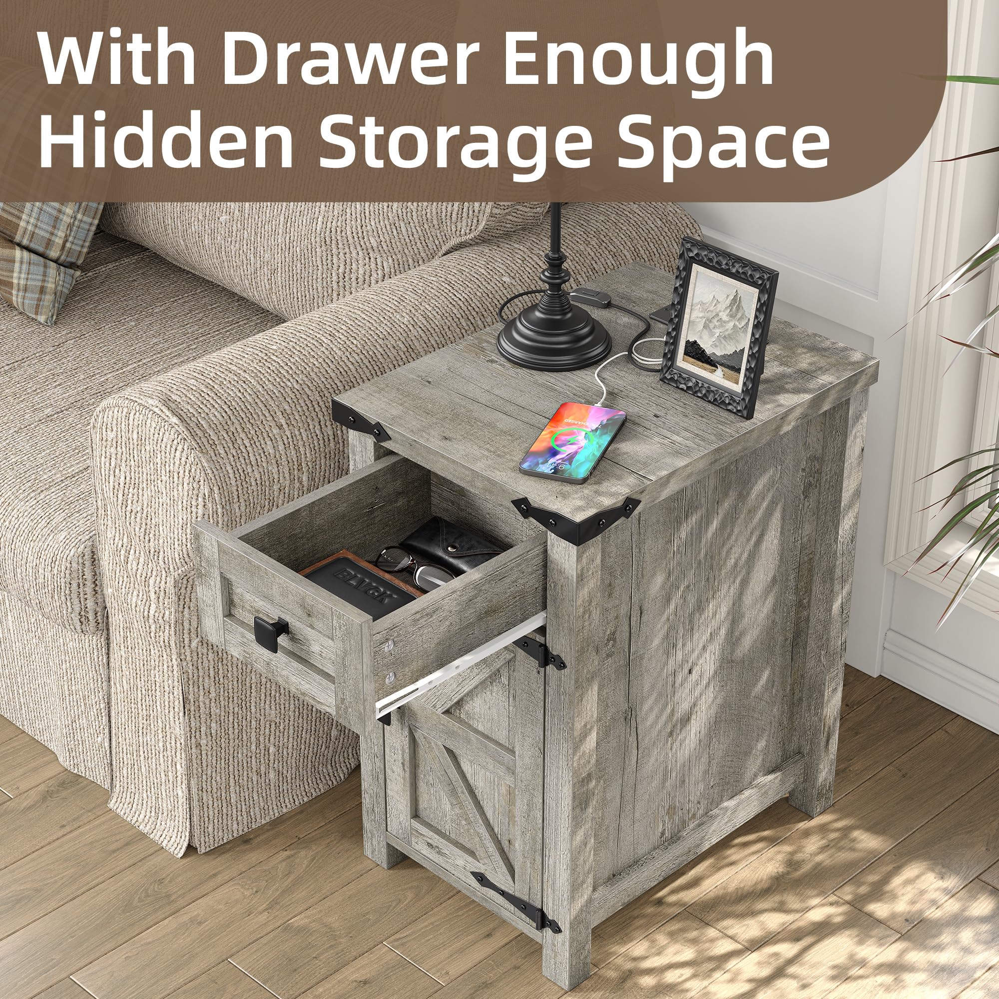 3-Piece Coffee & End Table Set with Charging Station, Oak Grey