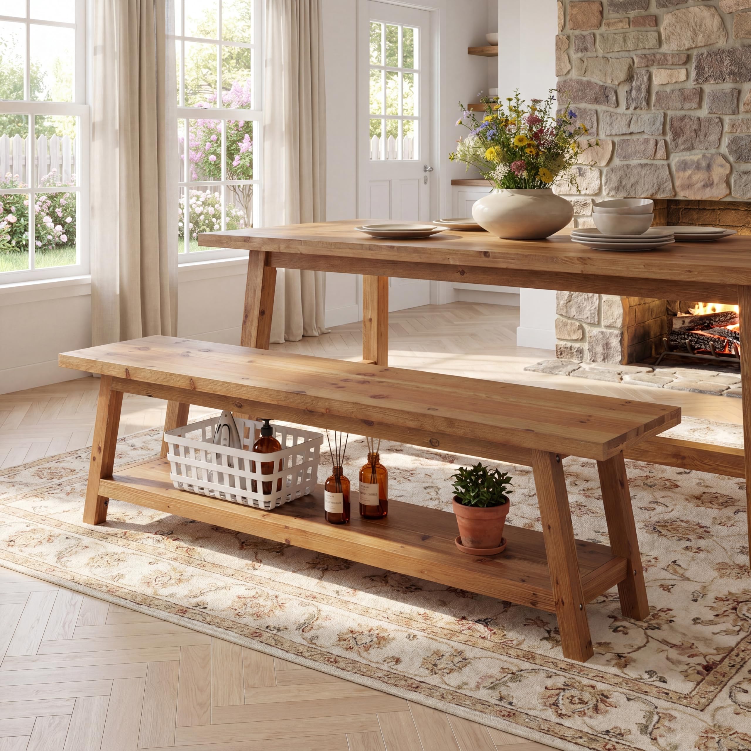 Tribesigns Farmhouse Solid Wood Dining Bench, 63-Inch Rustic Indoor Bench with Lower Storage Shelf for Dining Room, Kitchen, Living Room, Entryway, Natural Wood Finish (1)