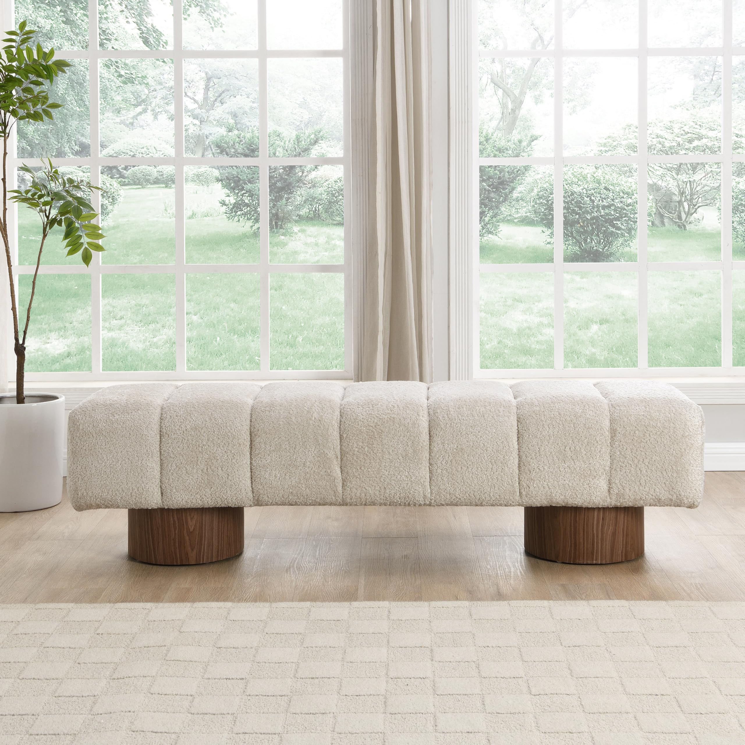 Christopher Knight Home Manila 64" Boucle Dining Bench, Upholstered Ottoman Bench, Rectangular Dining Seat, Spacious Seating, Long Footstool for Living Room Dining Room, No Assembly Needed, Beige