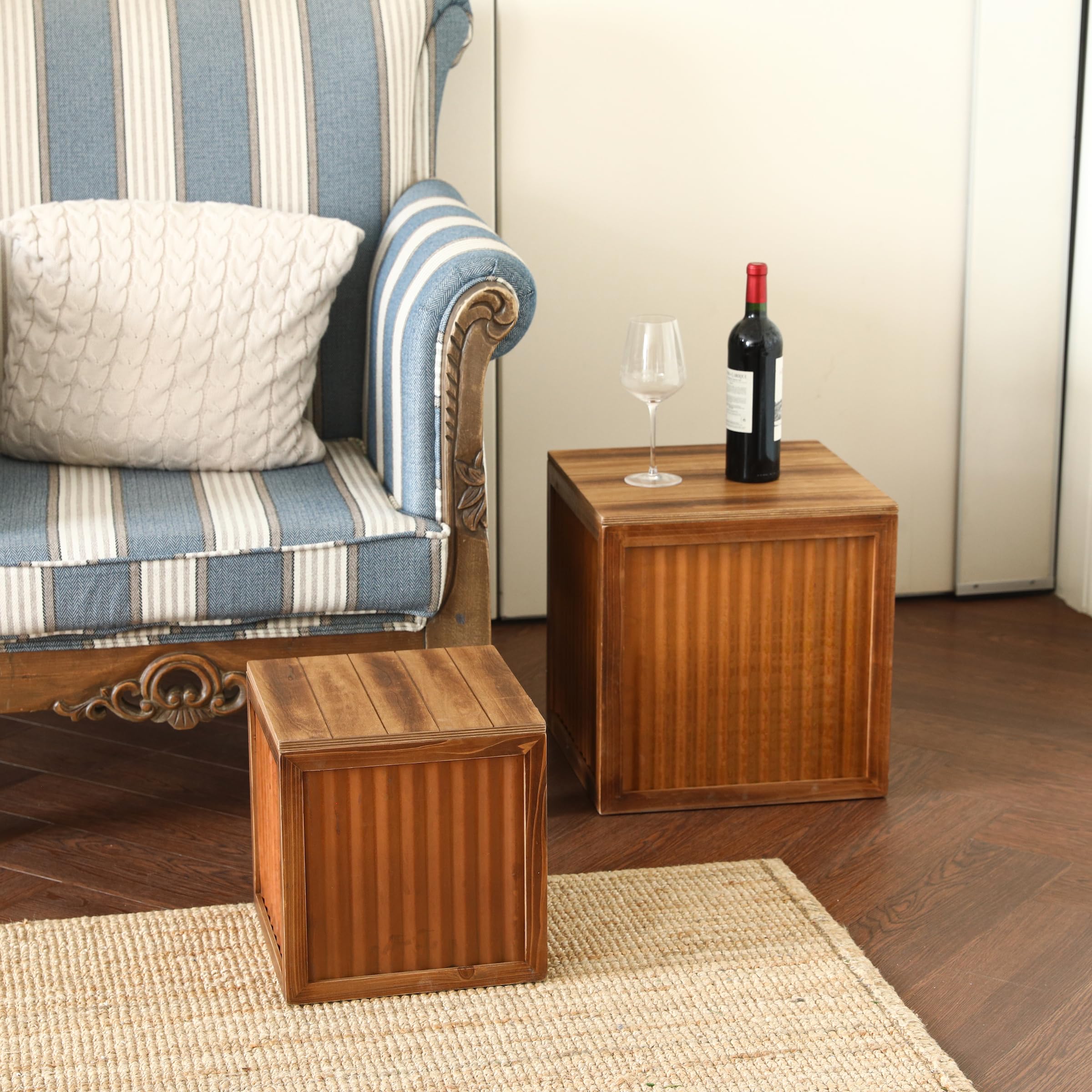 Farmhouse Wood & Iron Storage Ottoman Set, 2-Pack