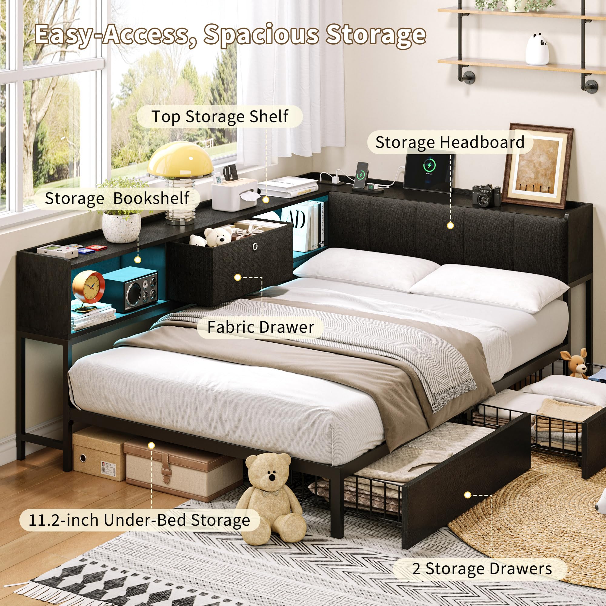iPormis Twin Corner Bed Frame with 2 Storage Drawers, LED Lights & Charging Station, Storage Upholstered Headboard, Sturdy Platform Daybed for Living Room, Bedroom, Guest, Easy Assembly, Black