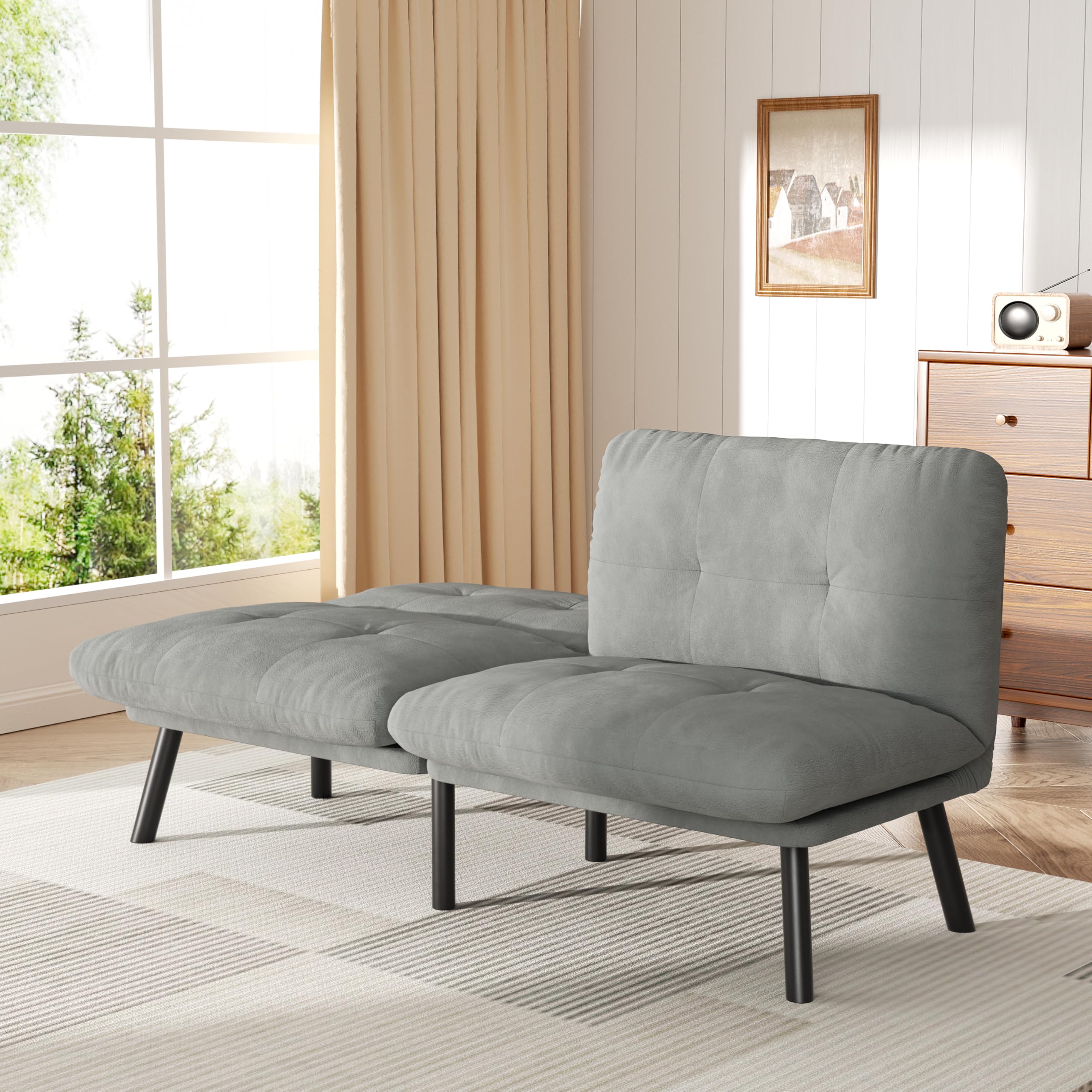 homeokay Futon Sofa Sleeper Couch Bed with Adjustable Backrest Thick Cushion Velvet Fabric for Department Living Room Lounge Sofa Loveseat (Gray)